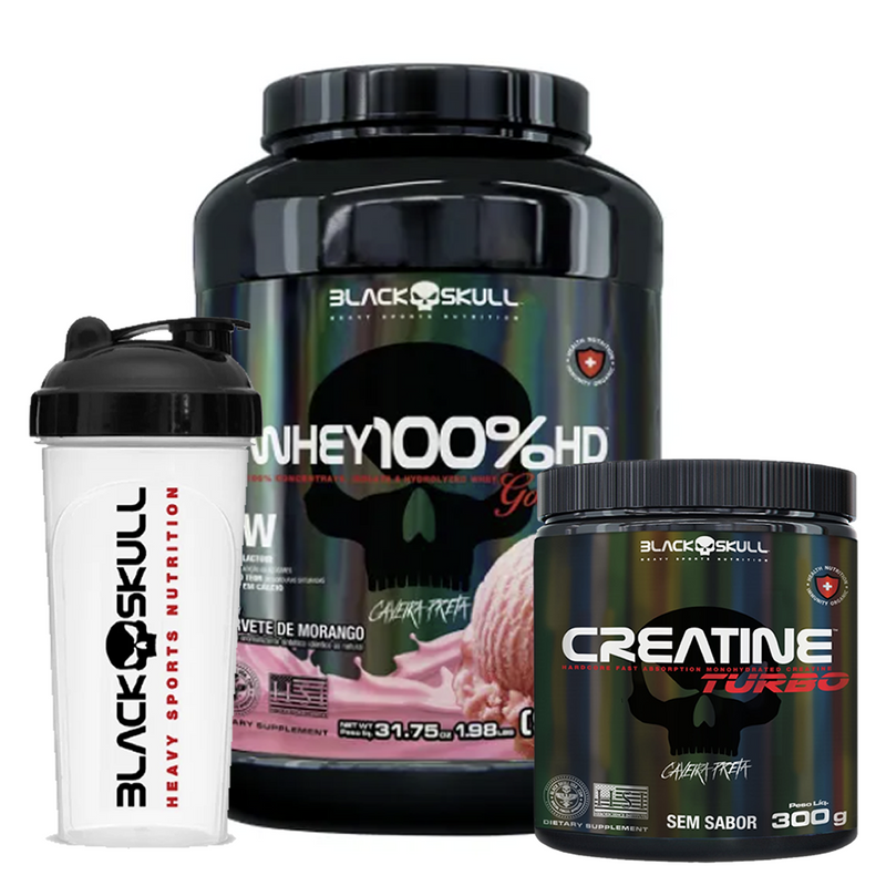 Pack Whey 100%HD Gourmet  + Creatina turbo + Shaker Black Skull