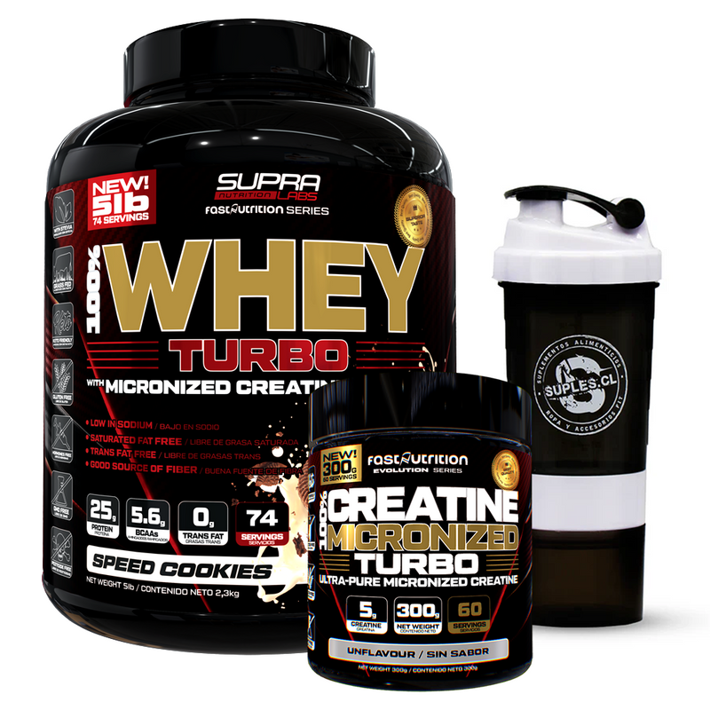 Pack Whey Turbo 5 Lbs + Creatina Turbo 300g + Shaker 3 en 1