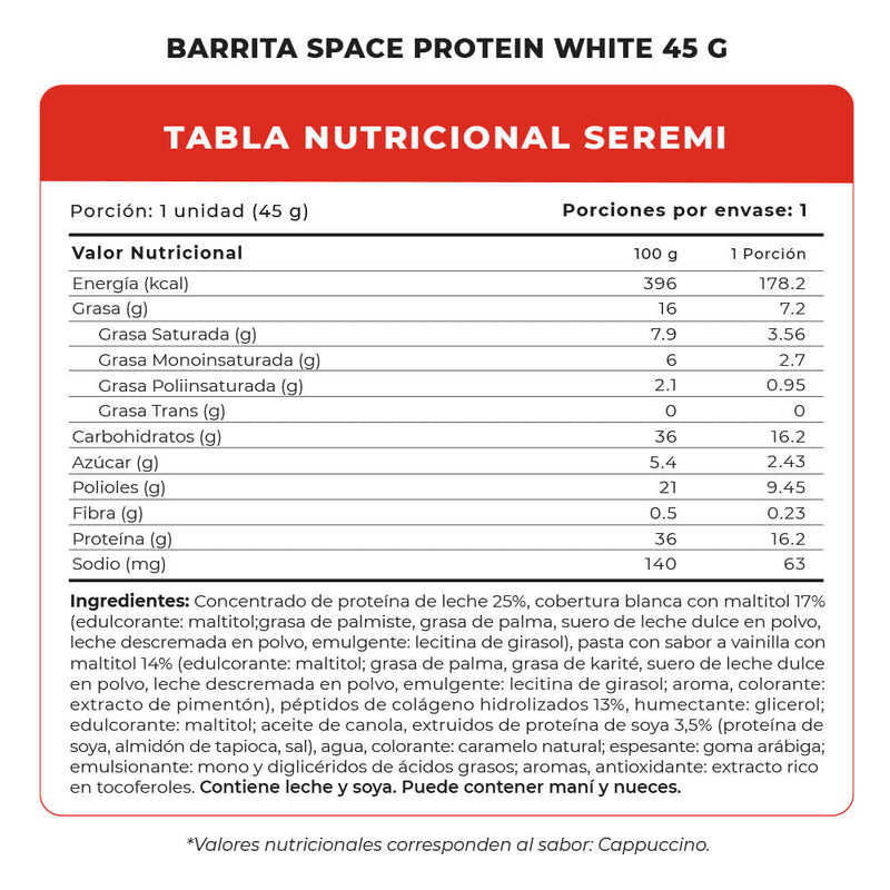 Barrita Space Protein White 45 Grs - Suples.cl