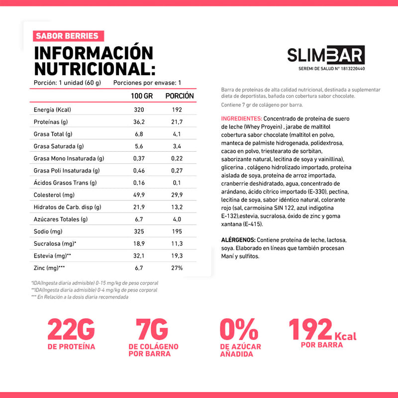 Caja Barritas de Proteína 60 Grs 12 Unidades Slimbar