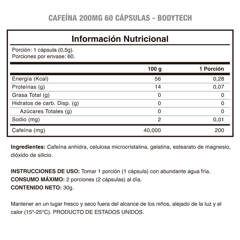 Caffeine 200 Mg 60 Caps Bodytech