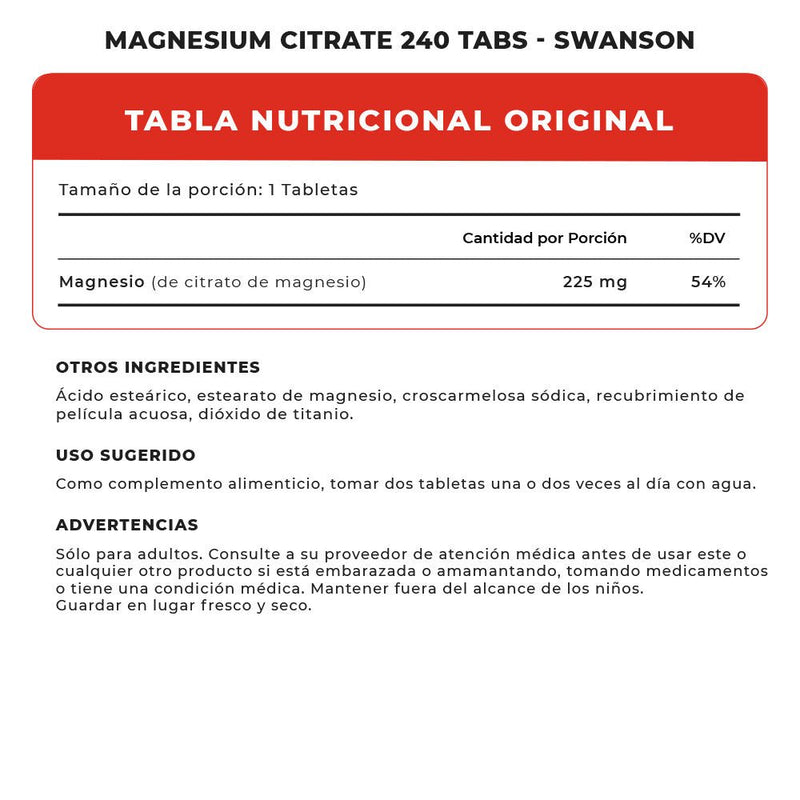 Magnesium Citrate 240 Tabs Swanson - Suples.cl