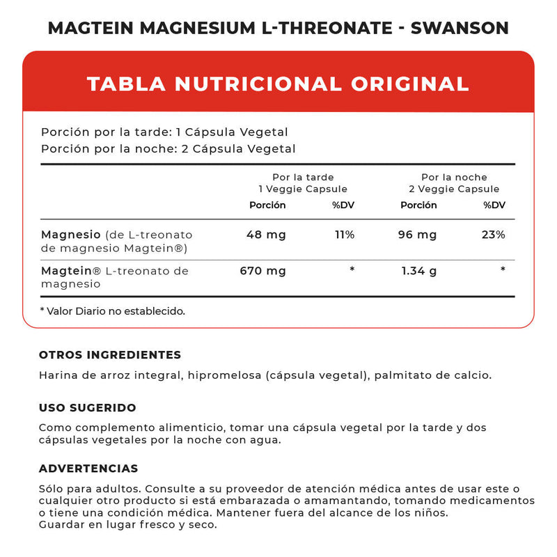 Magtein Magnesium L - Threonate 90 Veggie Caps Swanson - Suples.cl