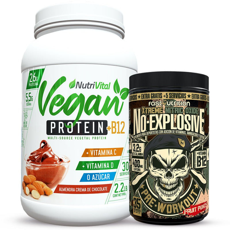 Pack Proteina Vegana Nutrivital con Vitamina B12 2.2 Lbs + Pre Workout N.O. Explosive 35 Serv Fast Nutrition - Suples.cl