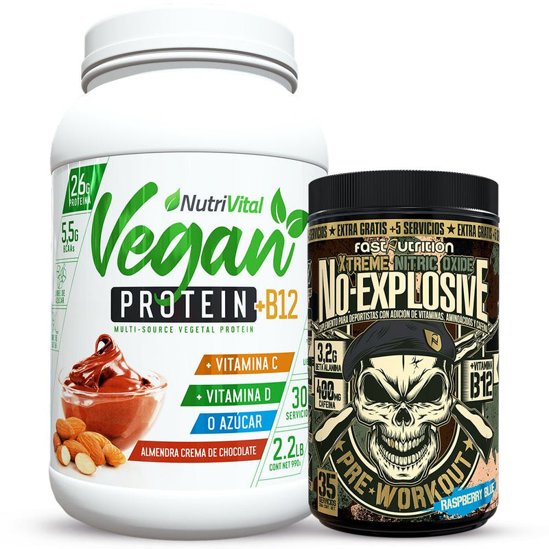 Pack Proteina Vegana Nutrivital con Vitamina B12 2.2 Lbs + Pre Workout N.O. Explosive 35 Serv Fast Nutrition - Suples.cl