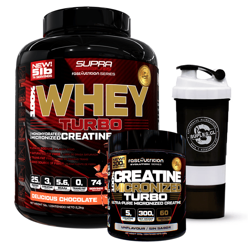 Pack Whey Turbo 5 Lbs + Creatina Turbo 300g + Shaker 3 en 1 - Suples.cl