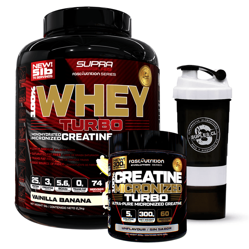 Pack Whey Turbo 5 Lbs + Creatina Turbo 300g + Shaker 3 en 1 - Suples.cl