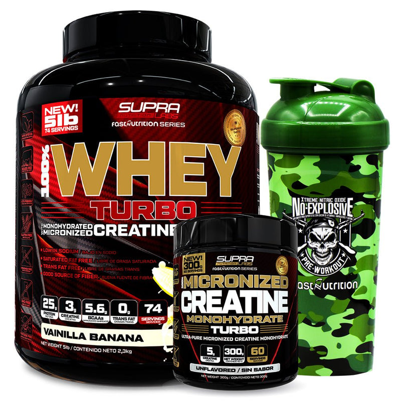 Pack Whey Turbo 5 Lbs + Creatina Turbo 300g + Shaker Camo Green - Suples.cl
