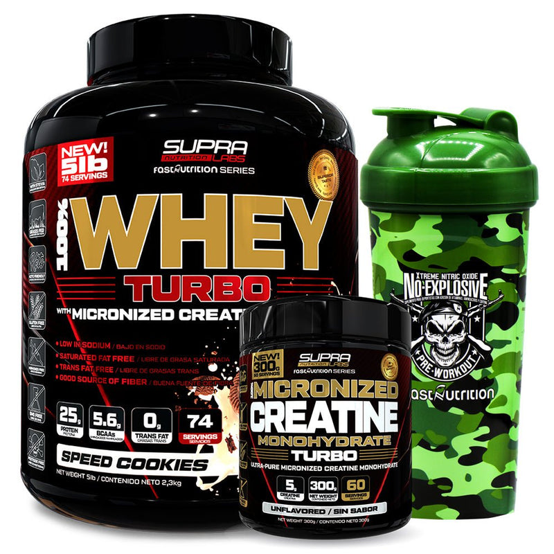 Pack Whey Turbo 5 Lbs + Creatina Turbo 300g + Shaker Camo Green - Suples.cl