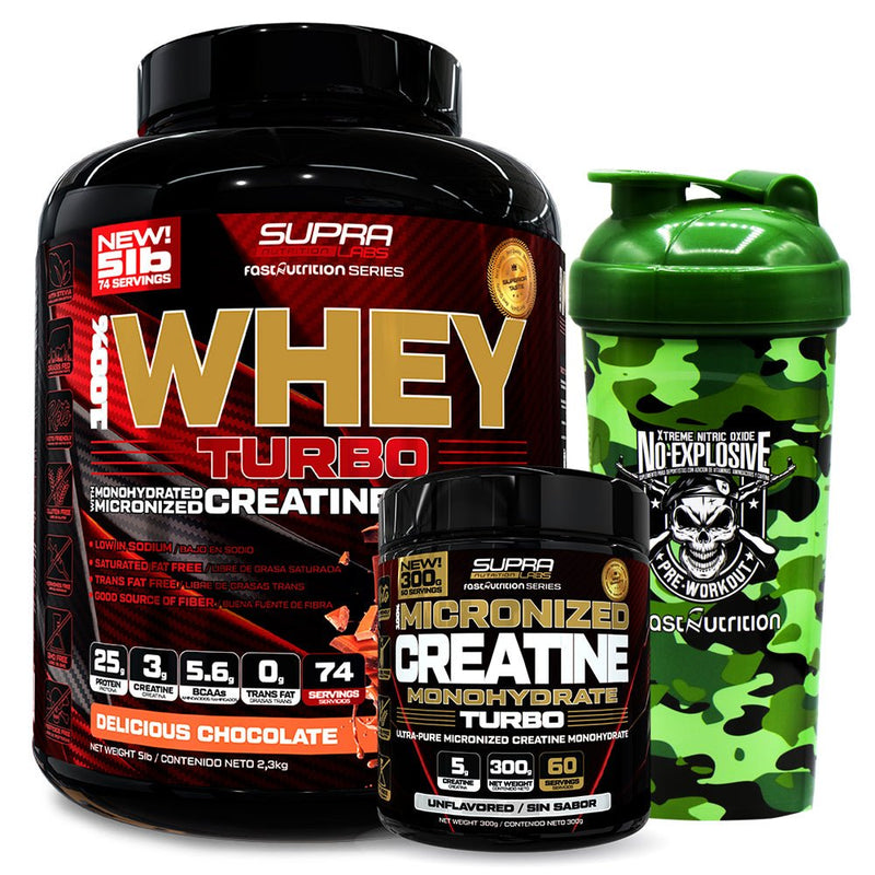 Pack Whey Turbo 5 Lbs + Creatina Turbo 300g + Shaker Camo Green - Suples.cl