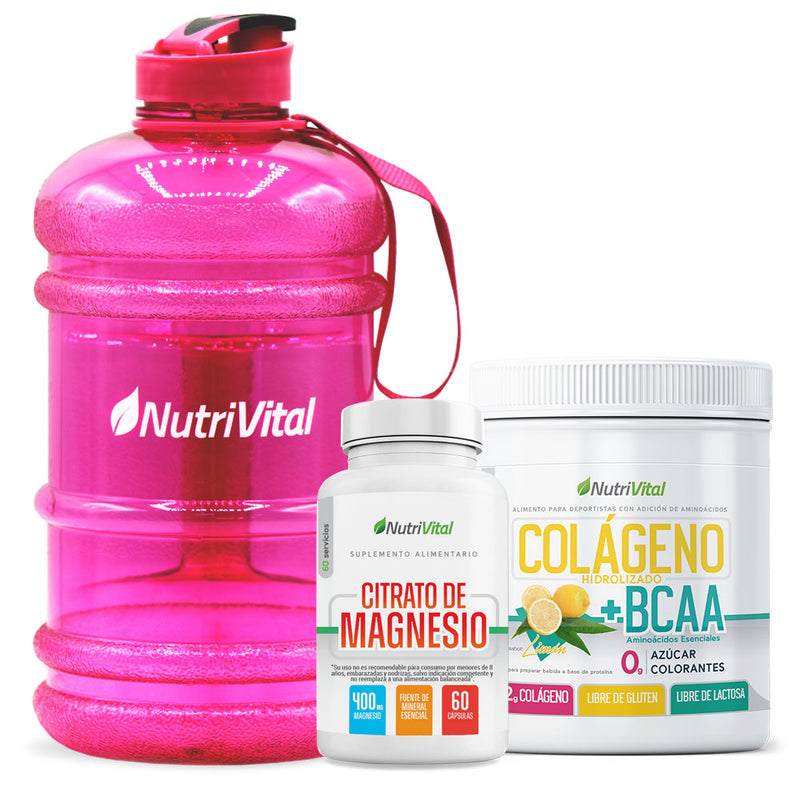 Pack Colágeno BCAA Hidrolizado + Citrato de Magnesio 60 Caps + Botellón 2,2 Lts Nutrivital