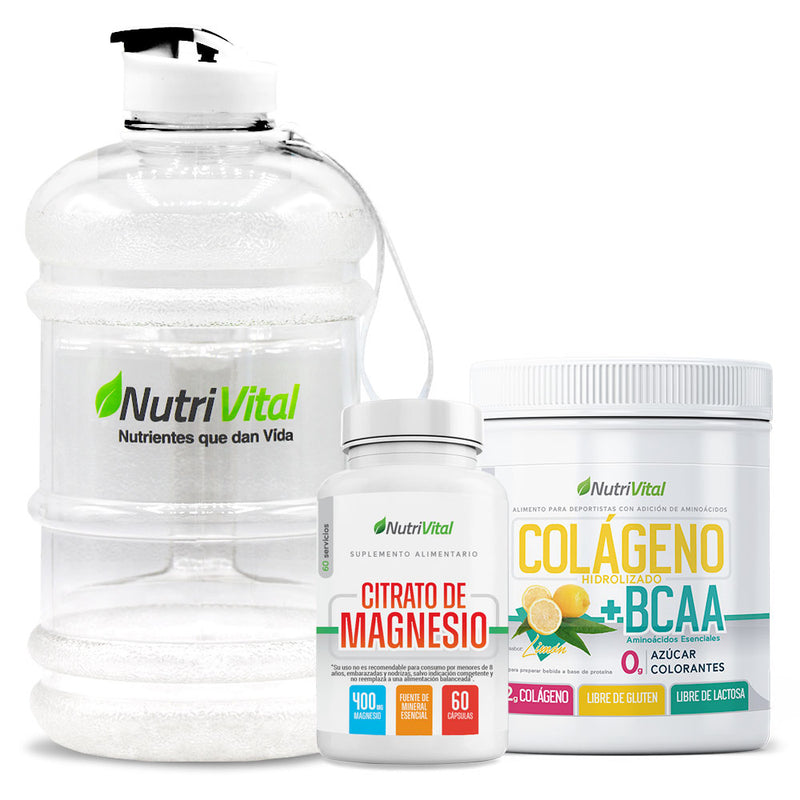 Pack Colágeno BCAA Hidrolizado + Citrato de Magnesio 60 Caps + Botellón 2,2 Lts Nutrivital