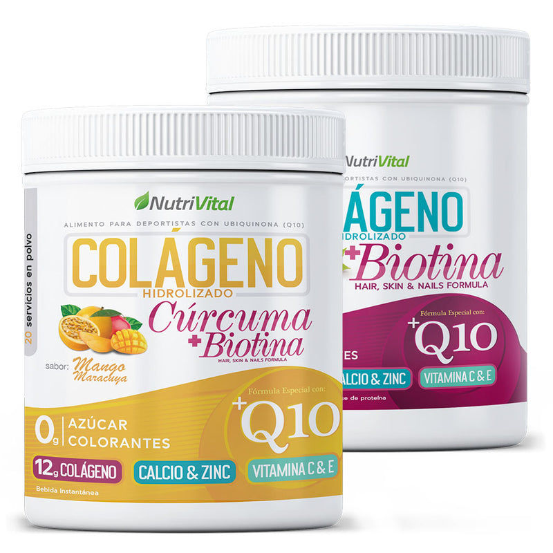 Pack Colágeno Hidr. Q10 + Cúrcuma y Biotina 300g + Colágeno Hidr. + Biotina + Q10 300g Nutrivital