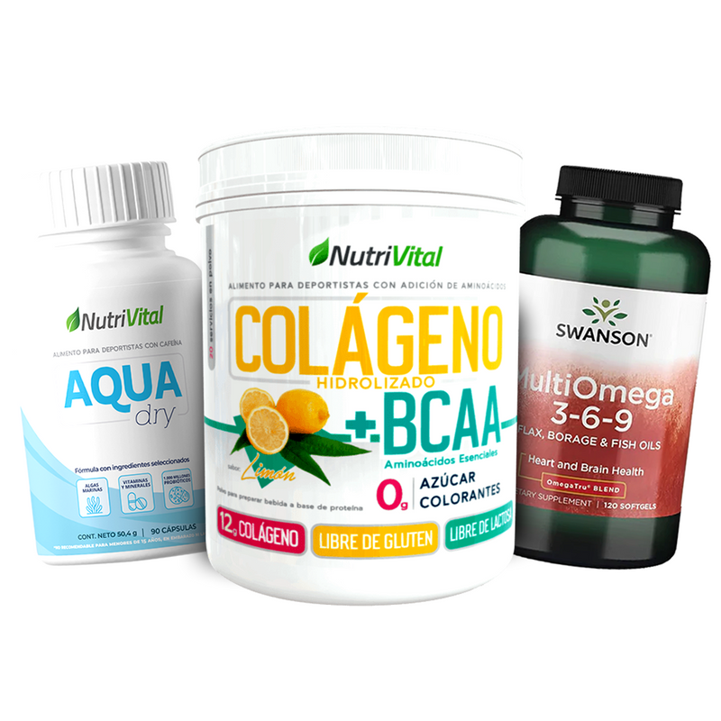 Pack Vampiro Eternal: Colágeno Nutrivital + Multi Omega 3-6-9 Swanson + Aqua Dry Nutrivital