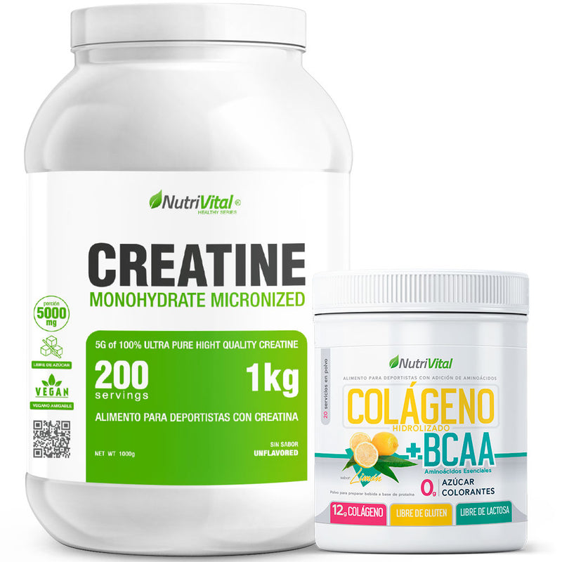 Pack Creatina Monohidratada 1 Kg + Colágeno Hidr. + BCAA 300g Nutrivital