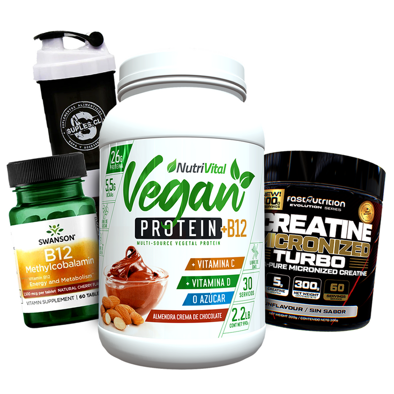 Pack Hechizo Vegano: Proteína Vegana Nutrivital + B12 Methylcobalamin SWU783  Swanson + Creatina Fast 300 + Shaker Suples 3x1