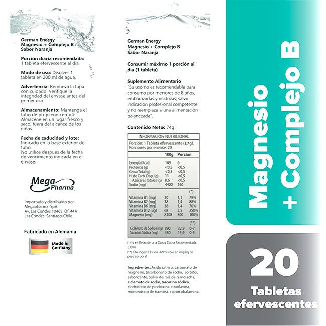 Magnesio + Complejo B 20 Tabs Efervescentes German Energy - Suples.cl