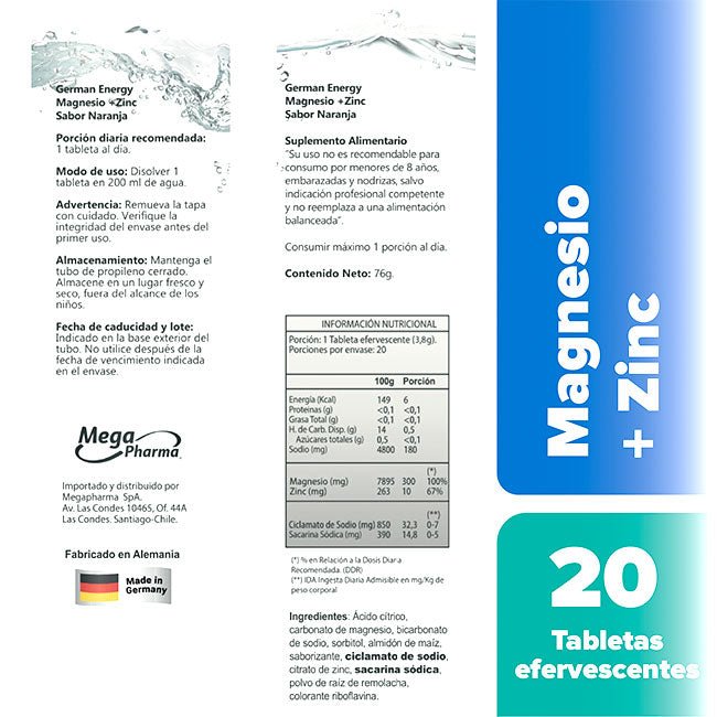 Magnesio + Zinc 20 Tabs Efervescentes German Energy - Suples.cl