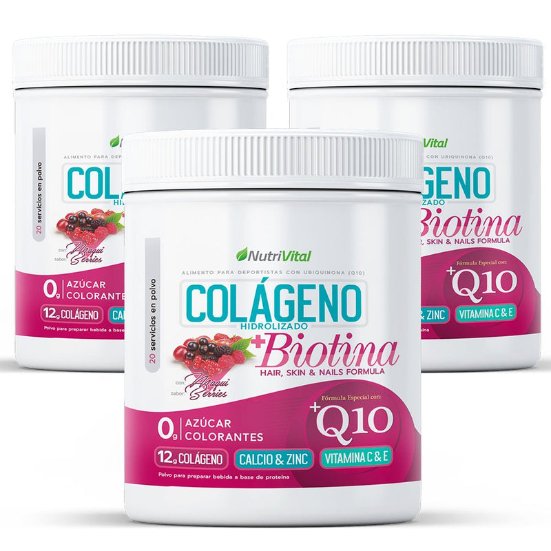 Pack 3 Colágenos Hidrolizado 12g + Biotina + Coenzima Q10 300 Grs Nutrivital - Suples.cl