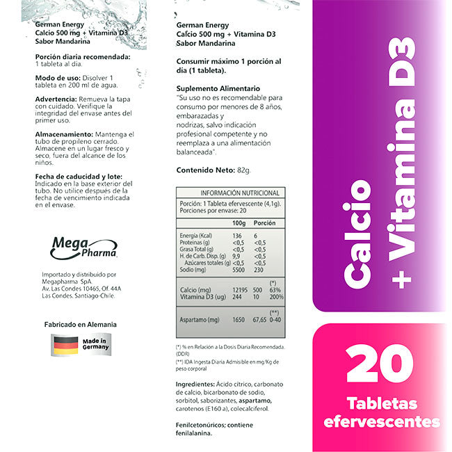 Calcio + Vitamina D3 20 Tabs Efervescentes German Energy