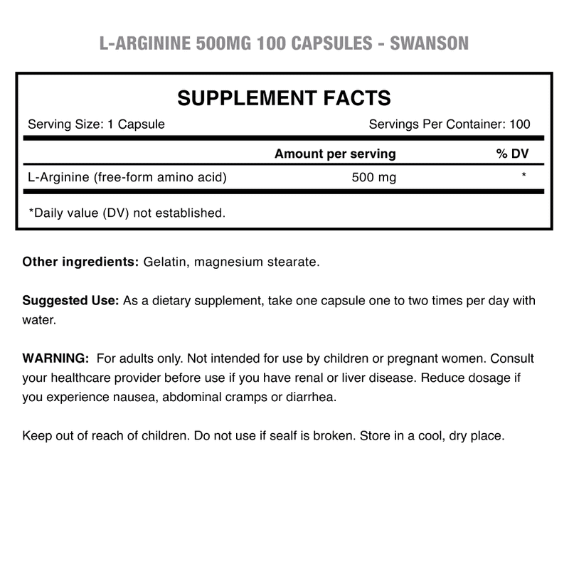 L-Arginine 500 Mg 100 Caps Swanson