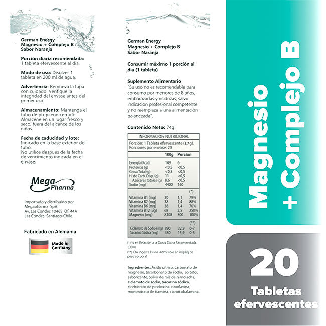 Magnesio + Complejo B 20 Tabs Efervescentes German Energy