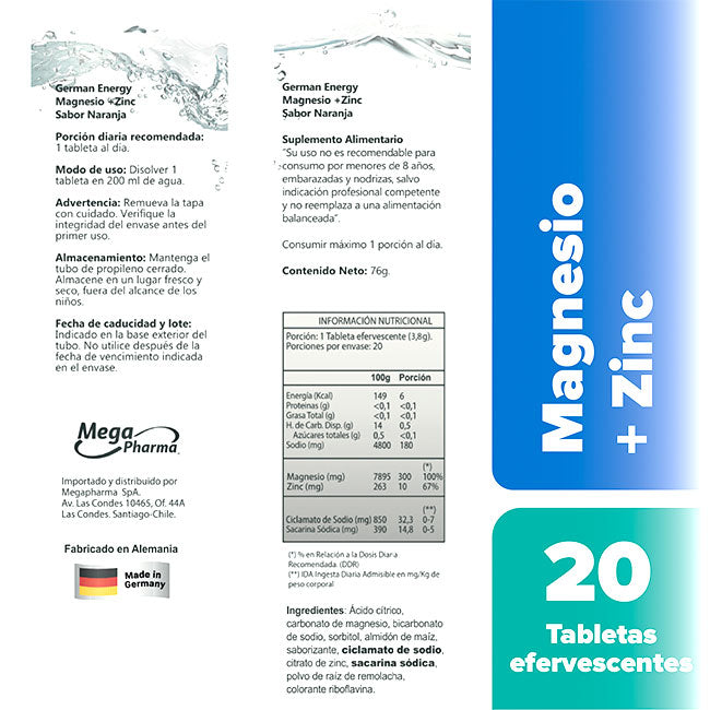 Magnesio + Zinc 20 Tabs Efervescentes German Energy