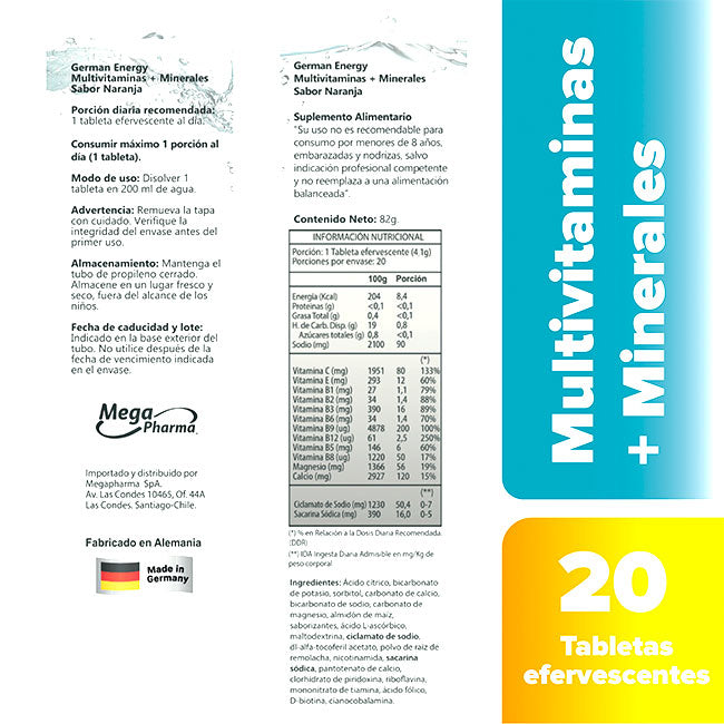 Multivitaminas + Minerales 20 Tabs Efervescentes German Energy