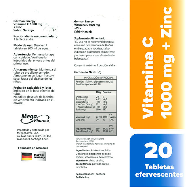 Vitamina C 1000mg + Zinc 20 Tabs Efervescentes German Energy