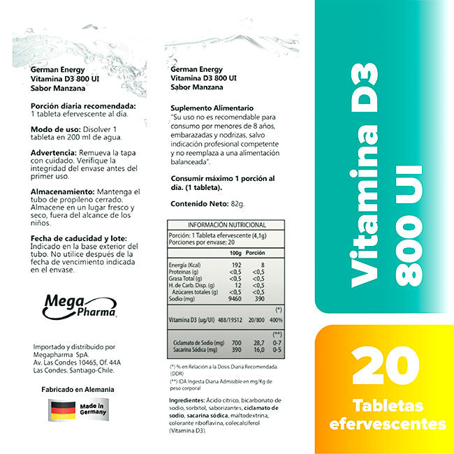 Vitamina D3 800 UI 20 Tabs Efervescentes German Energy