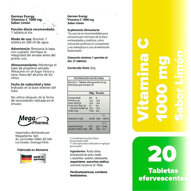 Vitamina C 1000mg 20 Tabs Efervescentes German Energy - Suples.cl